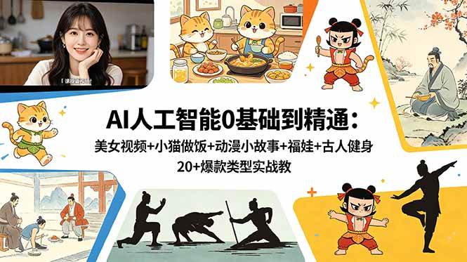(6.02)AI人工智能0基础到精通：美女视频+小猫做饭+动漫小故事+福娃+古人健身，20+爆款类型实战教学